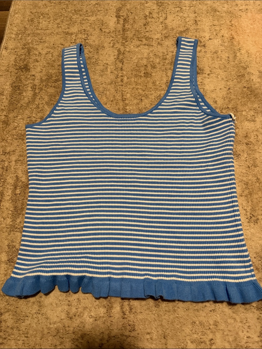 Women’s Blue & White Striped Ribbed Tank with Ruffle Hem